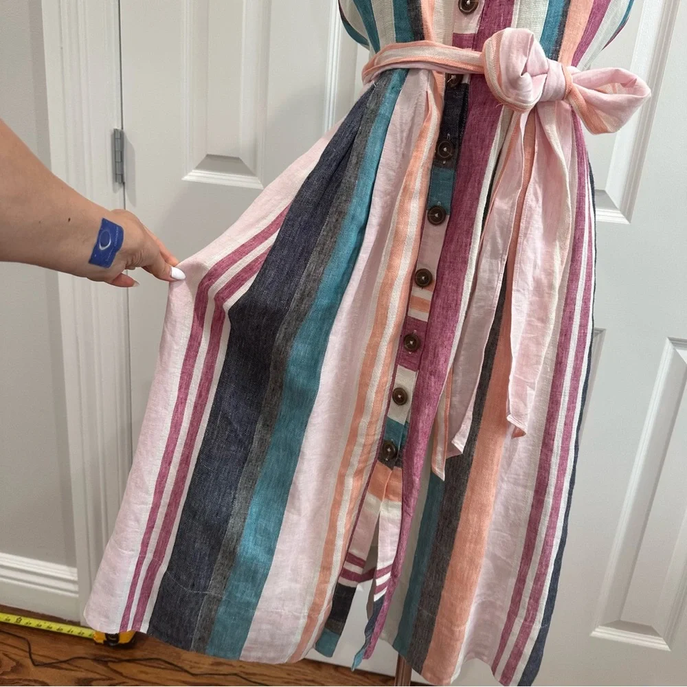 J. Crew LINEN Stripped Light Textured Spaghetti Strap, Button down Midi Size 10 - Picture 3 of 15